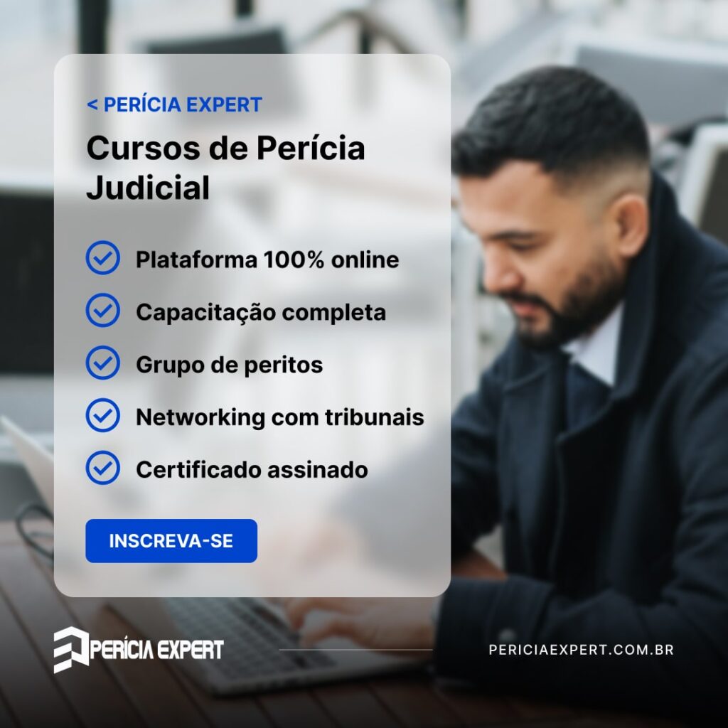 Ad interno dos Cursos de perícia judicial para engenheiros Perícia Expert. Na imagem temos algumas informações sobre o curso e ao fundo a foto de um homem mexendo no laptop