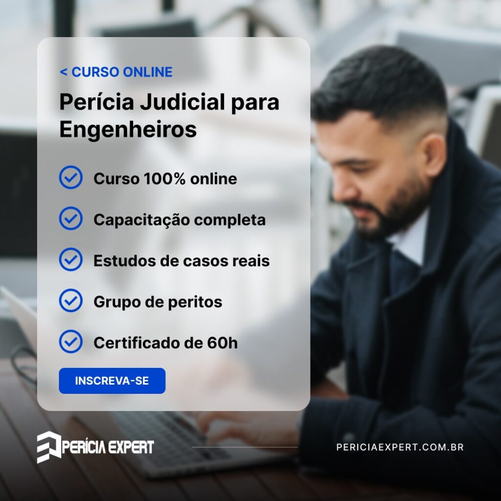 Curso perícia judicial para engenheiros Perícia Expert. Na imagem temos algumas informações sobre o curso e ao fundo a foto de um homem mexendo no laptop