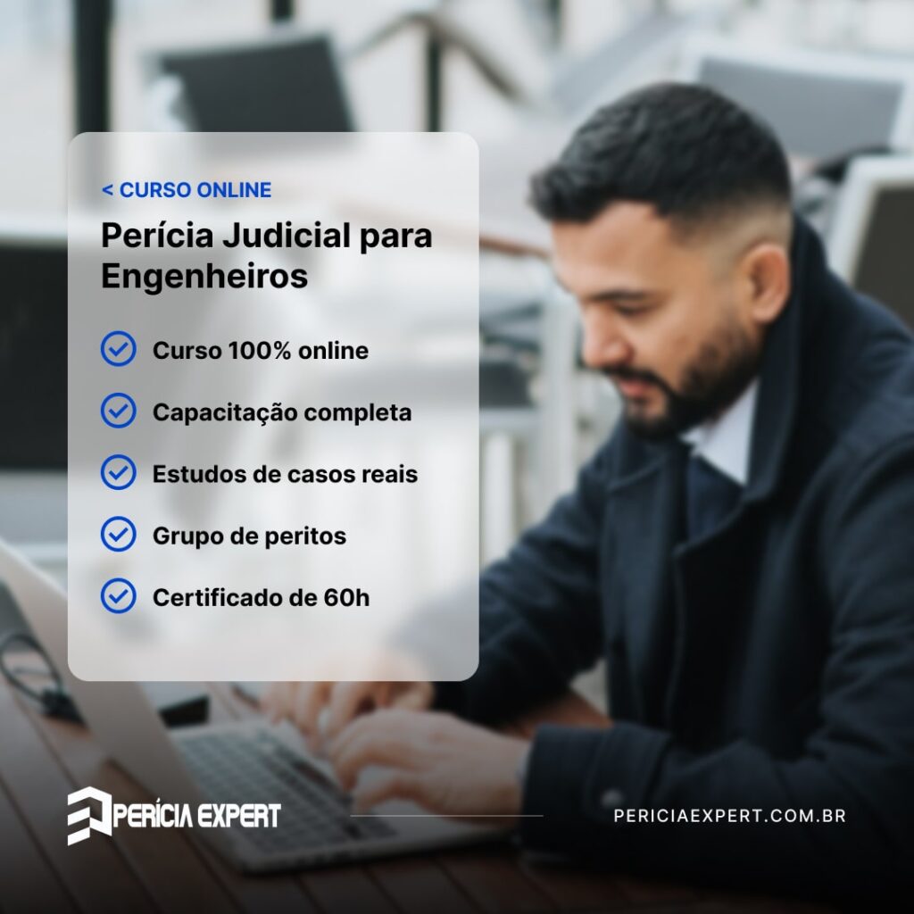 Imagem ilustrativa do curso de perícia judicial para engenheiros, do site Perícia Expert, do professor André Bittencourt, com um homem trabalhando no computador ao fundo, e alguns bullet points sobre o curso