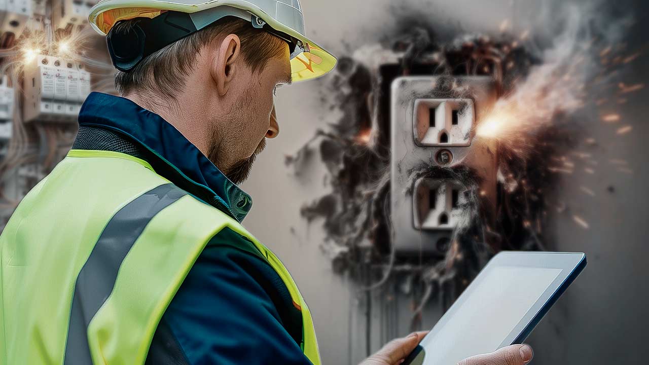 A imagem contém no primeiro plano a parte superior de um engenheiro eletricista perito de incêndio, de capacete e colete, olhando informações em um tablet. Ao fundo, a imagem de uma tomada e uma caixa de disjuntores em princípio de incêndio