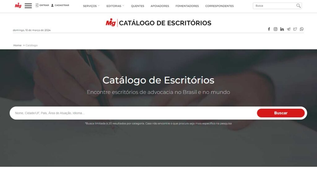 A imagem contém um screenshot da página de busca de catálogo de escritórios do site mgalhas.com.br