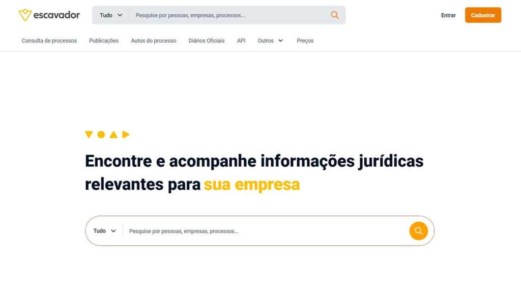 A imagem contém um screenshot da página de busca de informações juridicas do site escavador.com.br