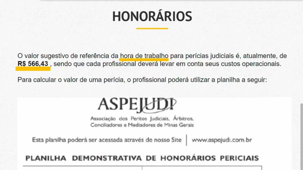 A imagem contém um texto com informações sobre O valor de referência da hora de trabalho para perícias judiciais, segundo a ASPEJUDI