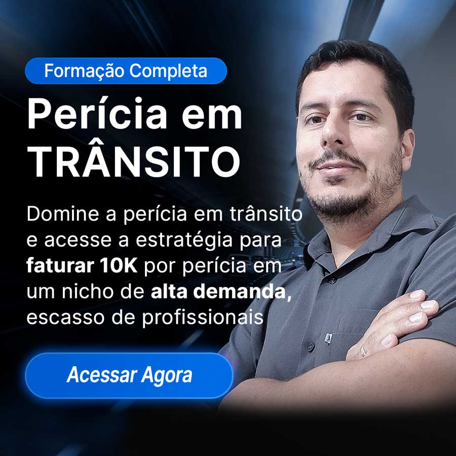 A imagem contém no primeiro plano o professor engenheiro perito de trânsito André Bittencourt, e ao fundo, uma imagem de um túnel com veículos trafegando. A imagem contém uma chamada para ação para o curso de Perícia de Trânsito Online do site Perícia Expert