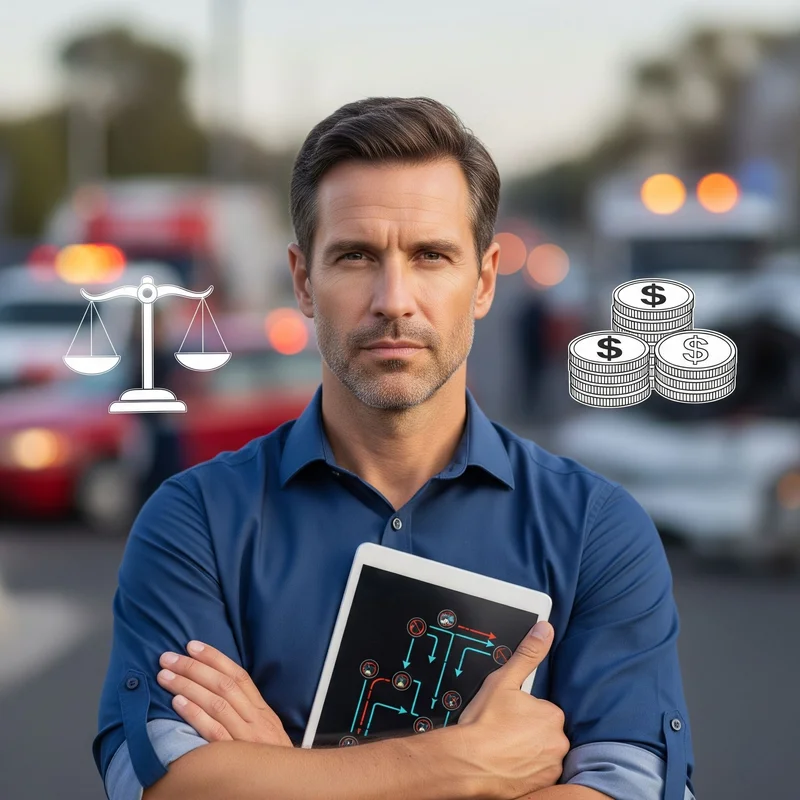 Um homem de camisa azul, com os braços cruzados, olha diretamente para a câmera. Ele segura um tablet com um diagrama de fluxo complexo. Ao seu lado esquerdo, há uma balança da justiça e, à direita, uma pilha de moedas com o símbolo de dólar. No fundo, há carros borrados, incluindo o que parece ser um veículo de emergência. A imagem parece simbolizar a interseção de justiça, finanças e resolução de problemas.